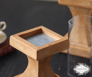 Set of 2 Glass & Wood Candle Holders