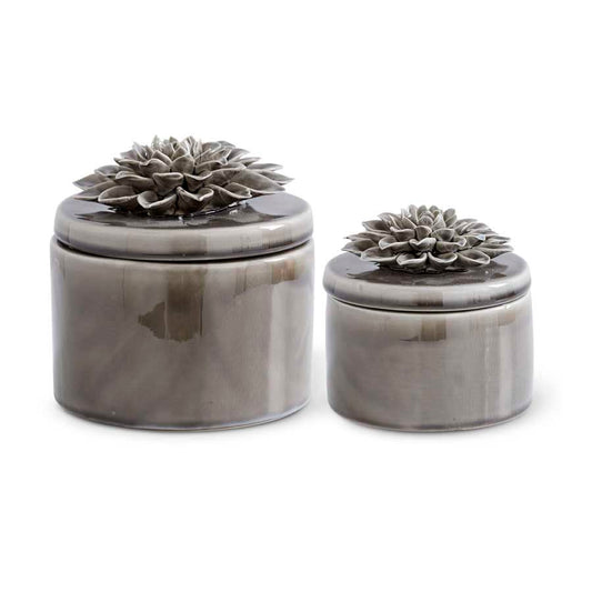 Gray Ceramic Lidded Dishes w/Gray Carnation - Set of two - River Chic Designs