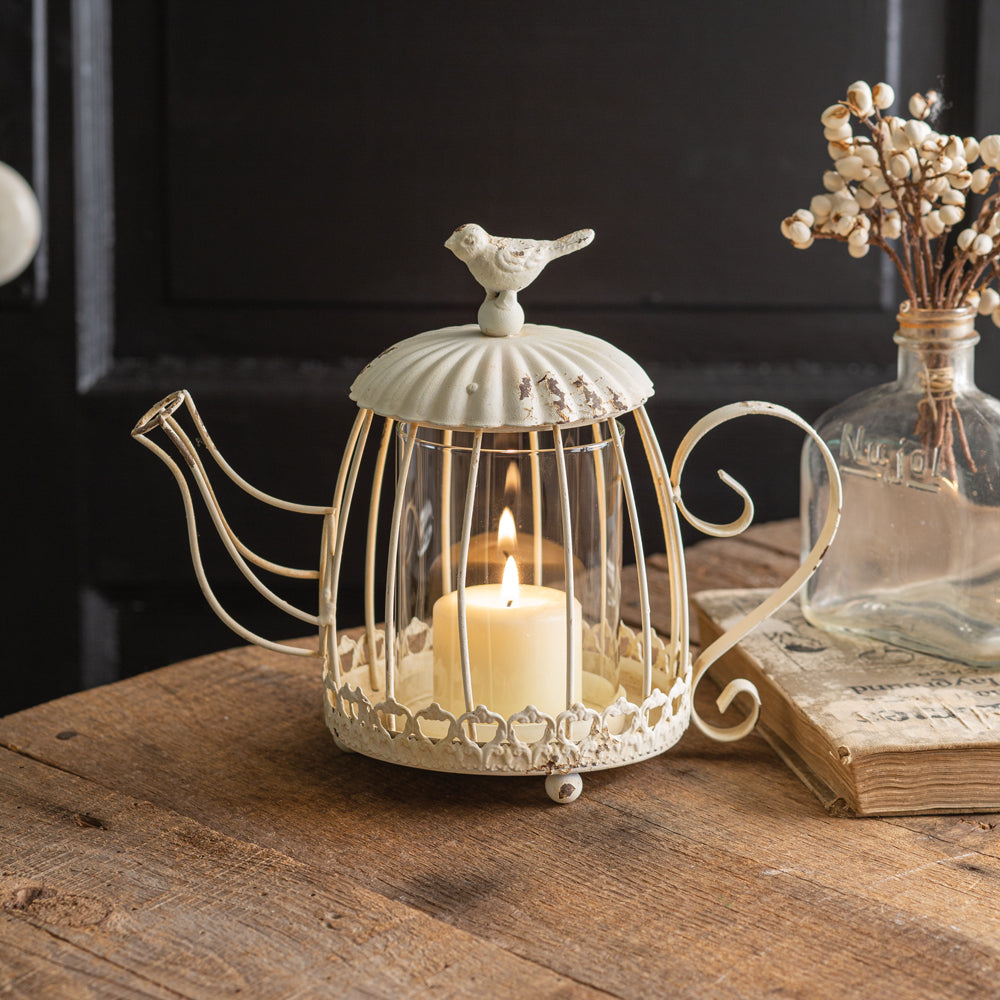 Tea Kettle Candle Holder with Bird - River Chic Designs