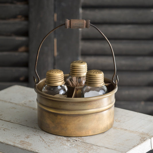 Round Bucket Salt Pepper and Toothpick Caddy - Antique Brass - River Chic Designs